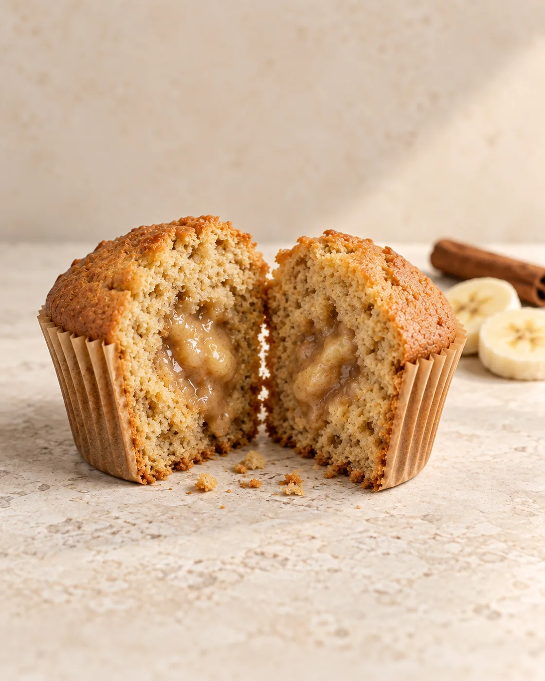Cupcake de massa clara partido ao meio, com recheio cremoso de banana com canela.