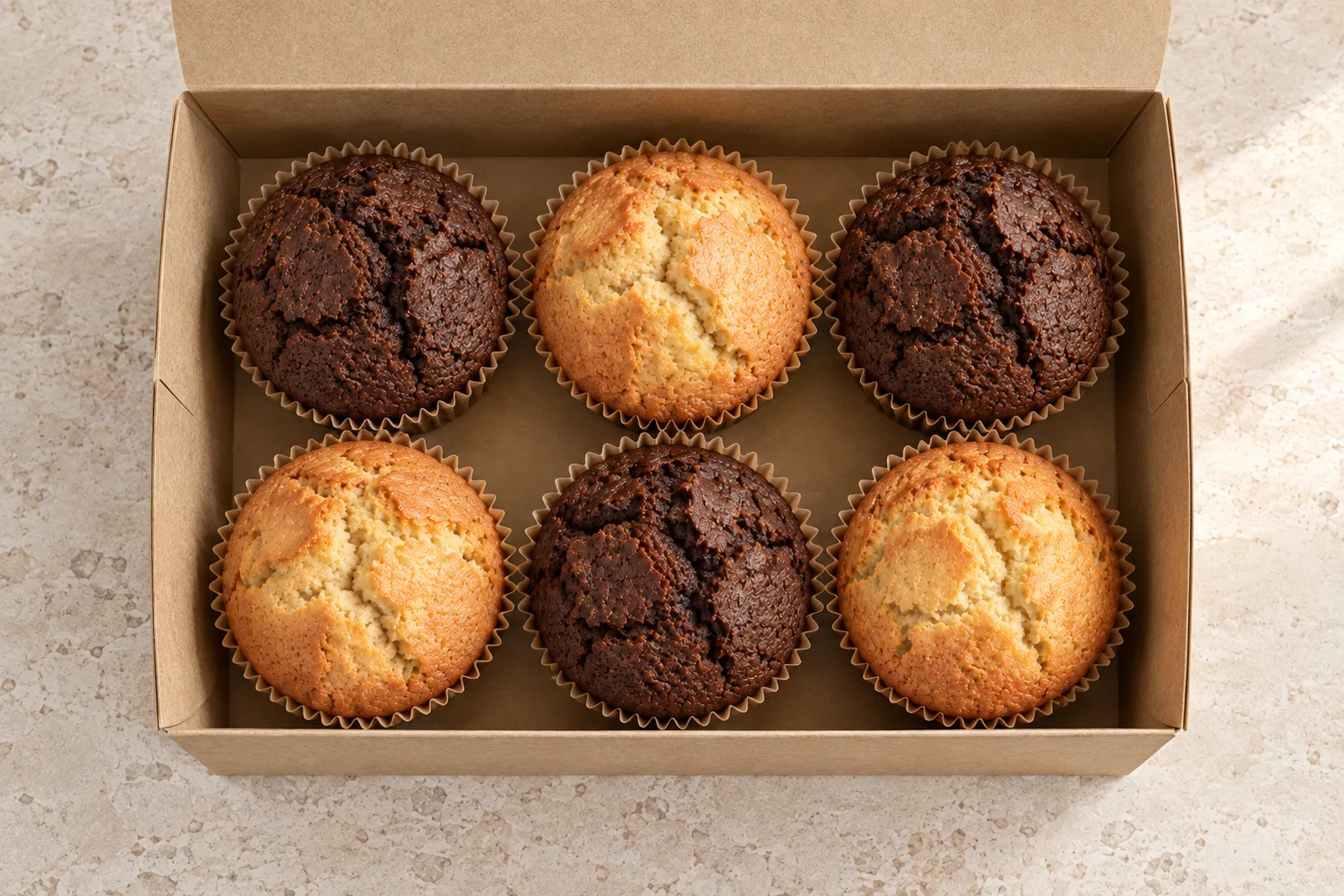 Seis cupcakes sem cobertura vistos de cima, três de massa escura e três de massa clara, dentro de uma caixa de papelão kraft.