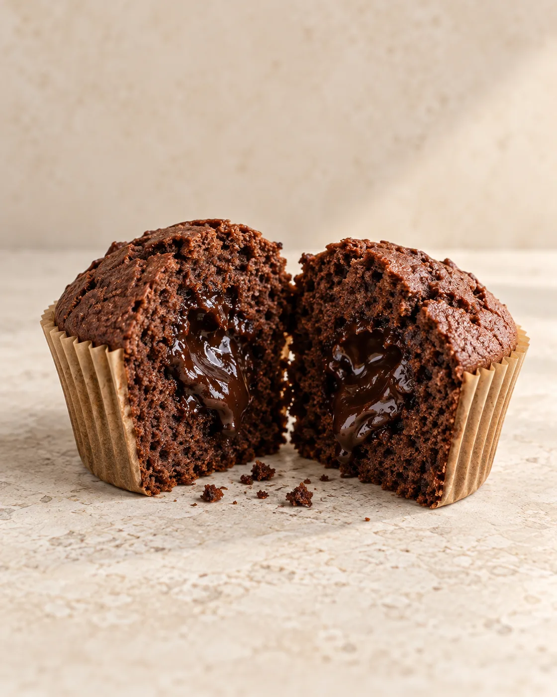 Cupcake de massa escura partido ao meio, com recheio de chocolate escorrendo do centro.