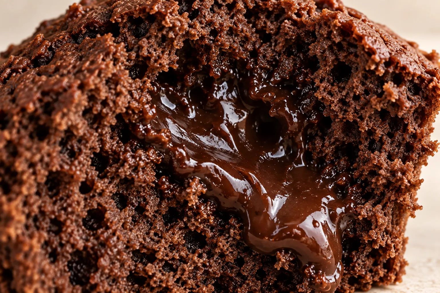 Macro do miolo aberto de um cupcake de massa escura, com o recheio de chocolate no centro.
