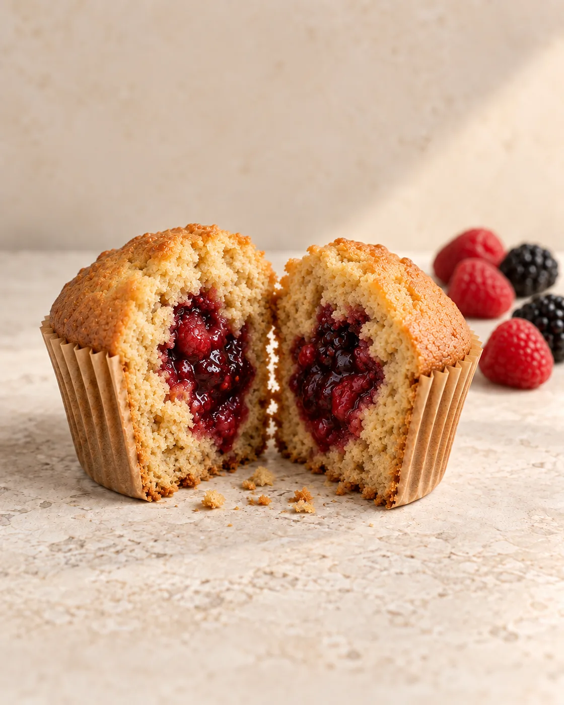 Cupcake de massa clara partido ao meio, com recheio vermelho de frutas vermelhas e pedaços de fruta.