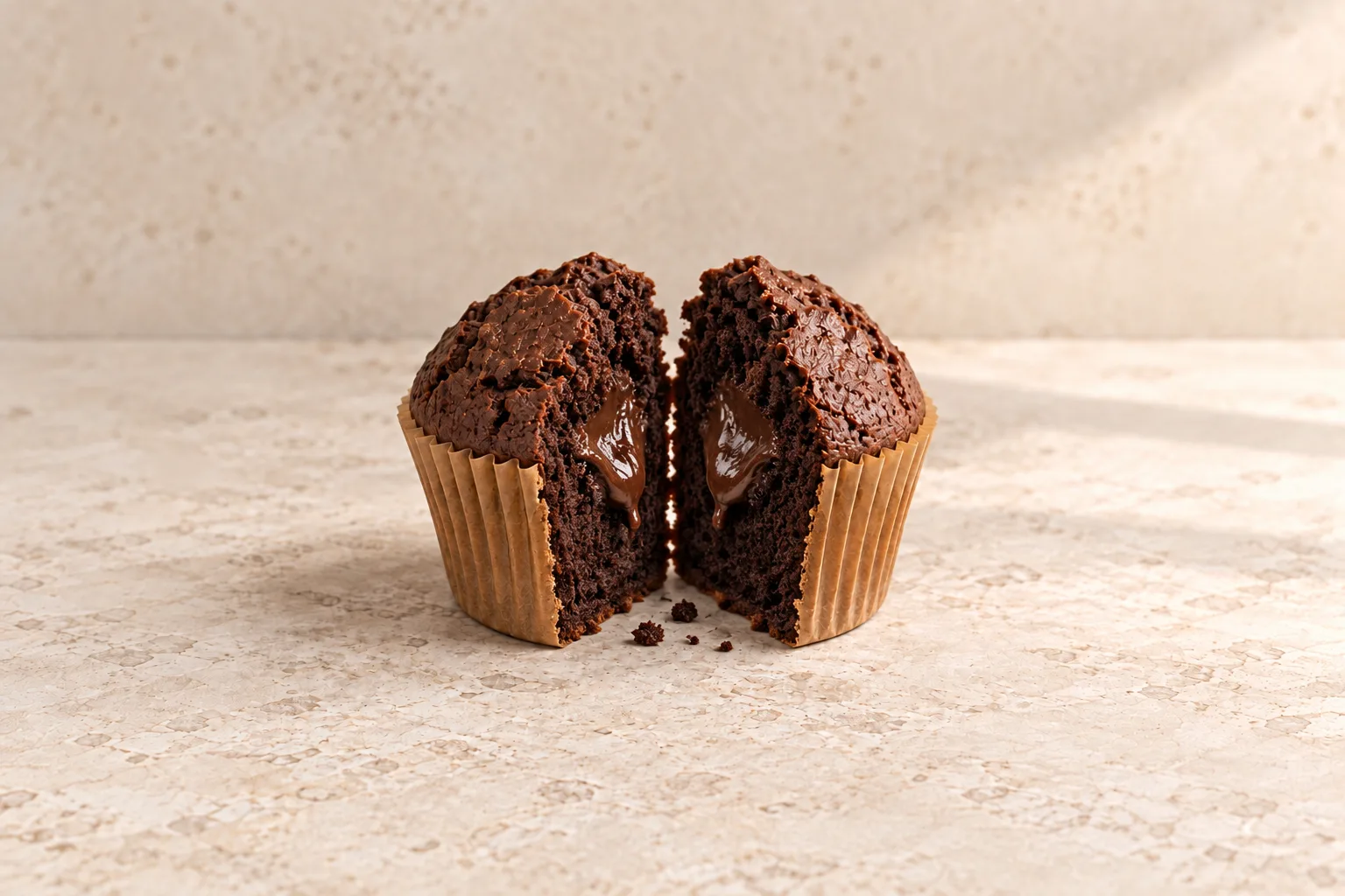 O mesmo cupcake partido ao meio, com o recheio de chocolate no centro do miolo.